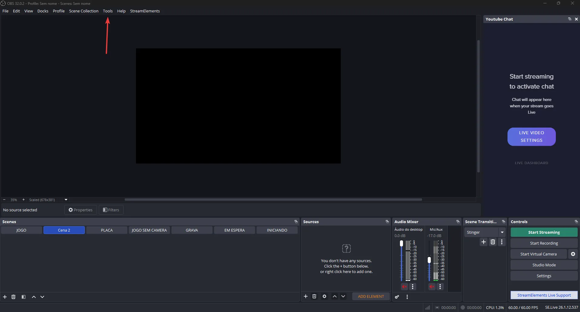 Menu Ferramentas no OBS