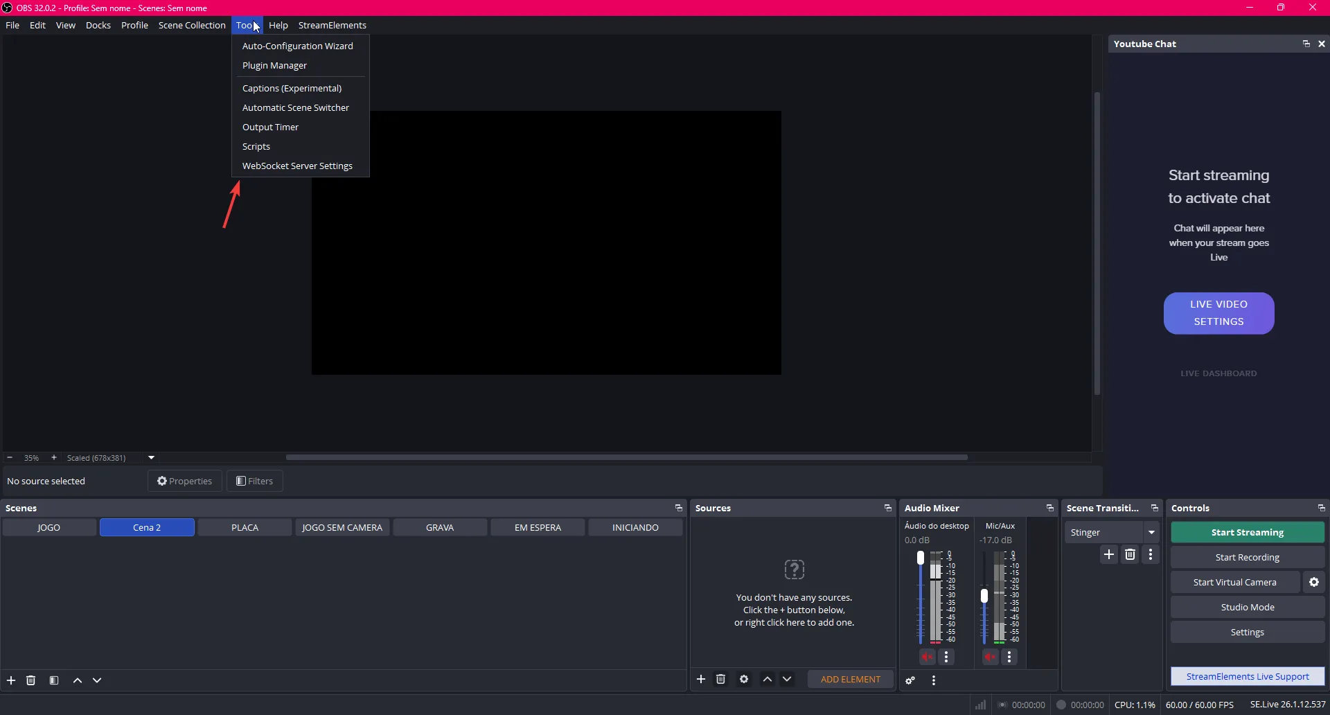 Selecionando Configurações do WebSocket