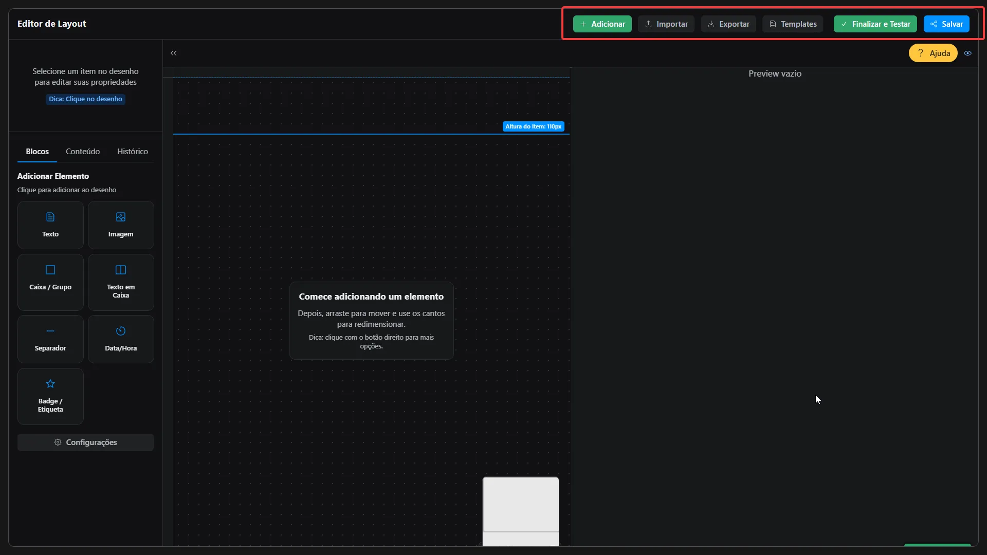 Barra de ações do editor