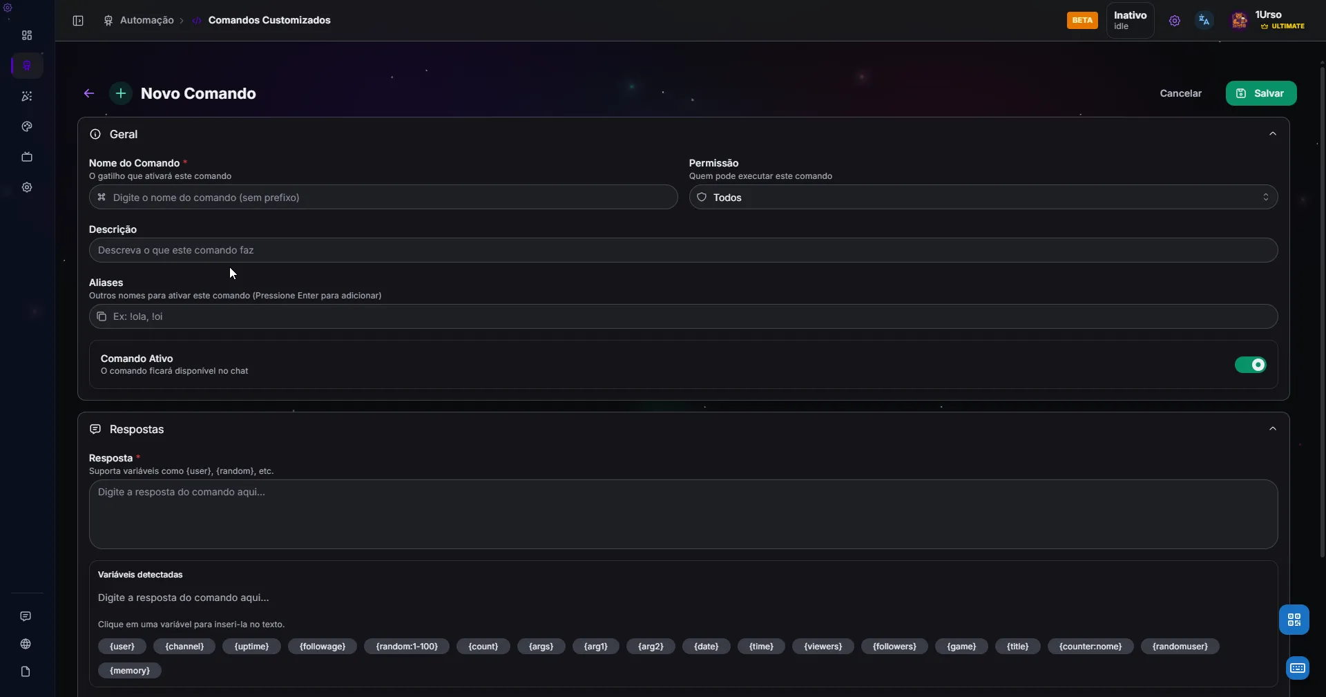 Melhoria na tela de comandos customizados