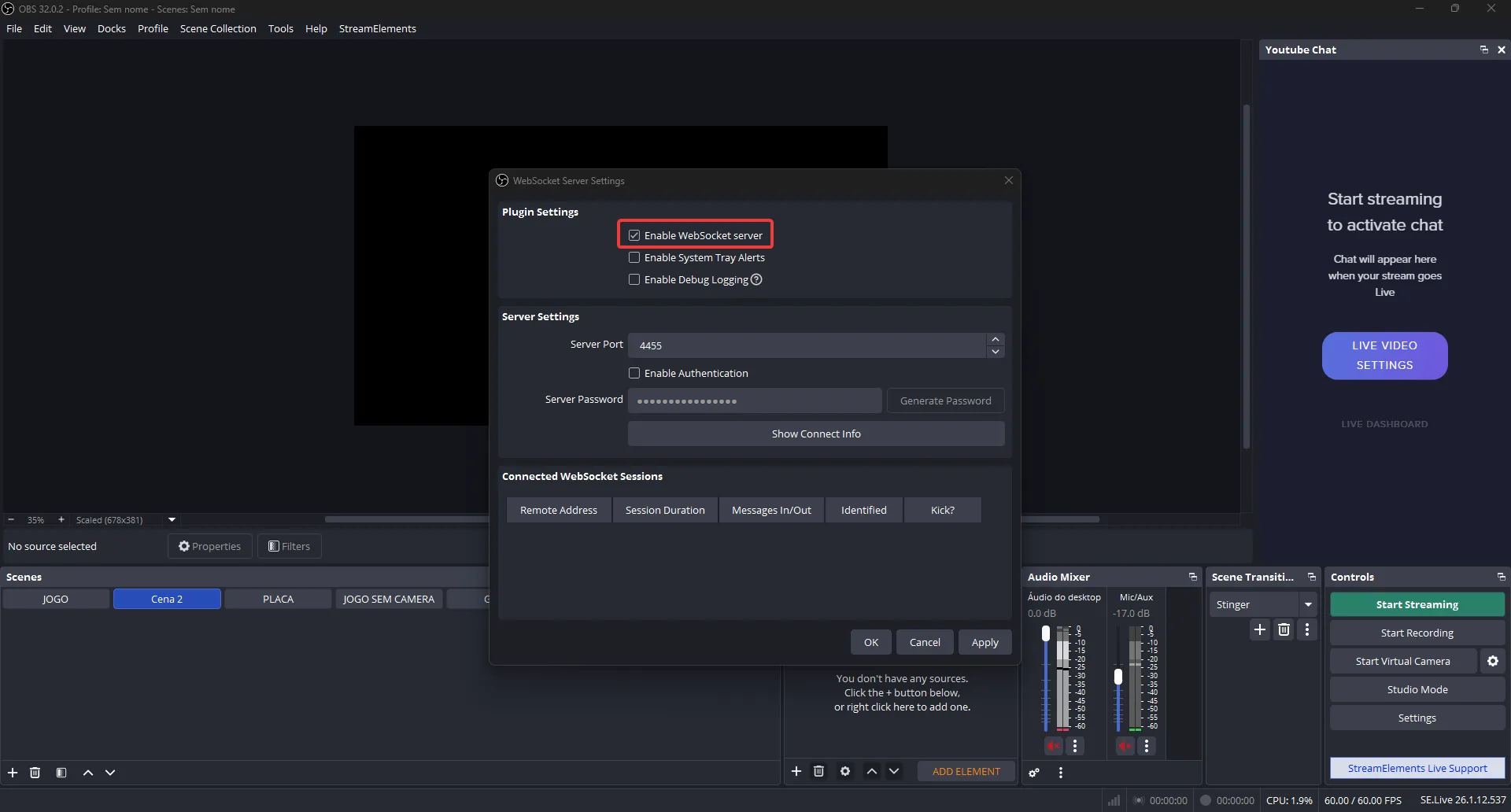 Configurando a porta e senha do WebSocket