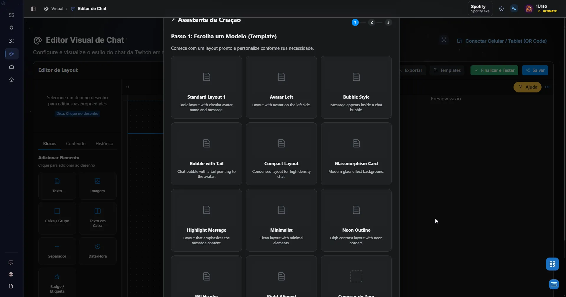 Wizard de criação da interface