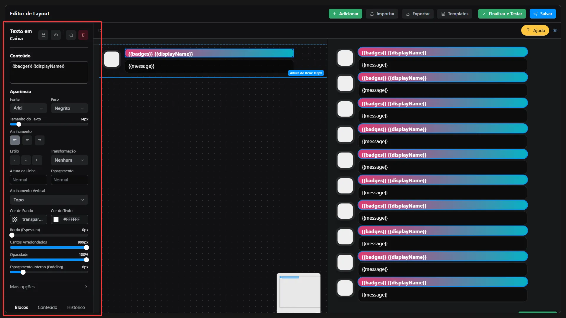 Barra de propriedades lateral